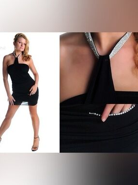 Black Rhinestone Halter Bodycon Dress - Women, stretch fit. Also comes in purple